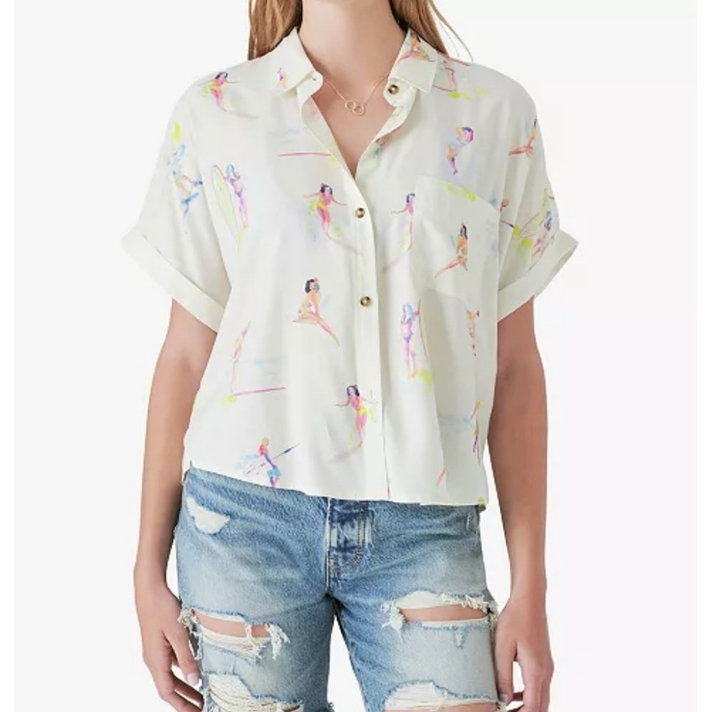 Lucky Brand Button Up Printed Surf Girl Top XL Ivory/Pastel‎ Novelty Casual